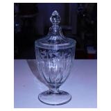 Antique etched glass apothecary candy dish w/ lid,