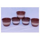 5 vintage glazed clay white band custard cups