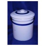Rare antique blue band crock canister w/ lid,