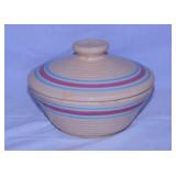 Vintage Watt Pottery #600 pink & blue band baker