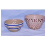 2 small antique crock mixing bowls: Blue band,