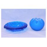 Vintage blue & white satin cased glass rose bowl