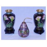 Pair of cloisonnï¿½ vases on teak stands, 3" tall -