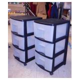 Two 3 drawer storage bin units on wheels