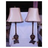 Pair of buffet lamps w/ finials & fabric shades,