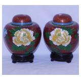Pair of floral cloisonne ginger jars on stands,