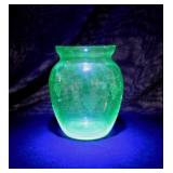 Vintage etched uranium glass vase, 5" tall
