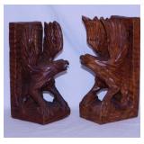 Hand carved wooden eagle bookends, 9" tall