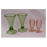 Pair of hand blown green glass cordials, 4" tall