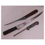 3 vintage butchering knives, longest is 17.75'