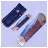 2 brass & wood handle locking blade pocket knives