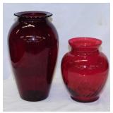 2 ruby red glass vases, 6.5" and 9" tall
