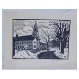1951 Norwich Vermont wood block print signed by