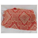 Vintage red & white woven coverlet w/ fringe,