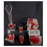 6 Mid Century lucite pieces: Pen holder -