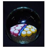 Millefiori hand blown glass paperweight, 3"