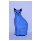 Blue spongeware folk art ceramic cat, 9" tall