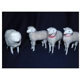 4 vintage wool sheep lambs w/ wooden legs, 3.5"