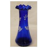 Mary Gregory style hand painted cobalt glass