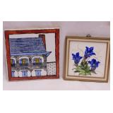 Hand painted stemless Gentian flowers tile art in