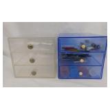Two plastic 3 drawer storage units & contents