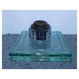 Antique glass inkwell base w/ glass inkwell,