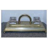 Antique brass double inkwell stand w/ glass
