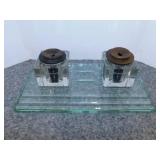 Vintage glass inkwell base, 12" x 7" w/ double