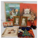 Cats & Kittens: 2 puff art pieces in frames,
