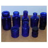 8 vintage cobalt blue jars