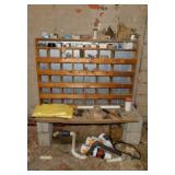 36 compartment wood & metal parts shelf w/ misc.