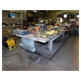 Large metal framed wooden work shop table,