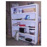 Wooden 6 shelf shelving unit & contents: