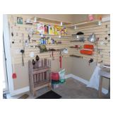 Contents of wall shelves: Barn wood picket fence