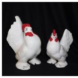 Pair of ceramic rooster hen chickens,