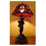 Antique cast iron & slag glass table lamp with