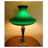 Art Nouveau cased green glass & brass table lamp,