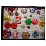 Display case w/ various pins & medals,