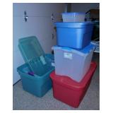 4 storage totes w/ lids, 3 without lids