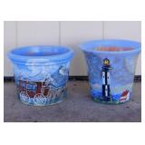 2 Tim Brennan hand painted terra cotta planters -