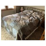 Brass full size headboard bed w/ bedding,