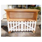 Wooden shelving unit w/ picket fence doors,