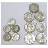 US silver coins: Six 1964 Washington quarters and
