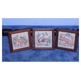 3 Kitschy framed cross stitch forest animals, 6"