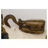 Antique large wooden barn pulley w/ hook, 23" tall