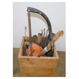 Yard & garden hand tools in wooden storage box