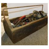 Primitive wood tool carrier box w/ metal handle &