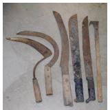 3 vintage corn knives, 2 hand scythes - Weed hook