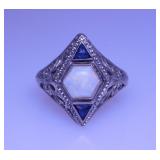 10K white gold opal & sapphire filigree ring,
