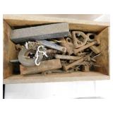 Wood box of bolts & barn misc., 6 1/4" x 12" x 4"